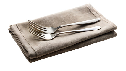 Two silver forks on a folded brown linen napkin, isolated on transparent background