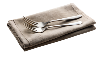 Two silver forks on a folded brown linen napkin, isolated on transparent background