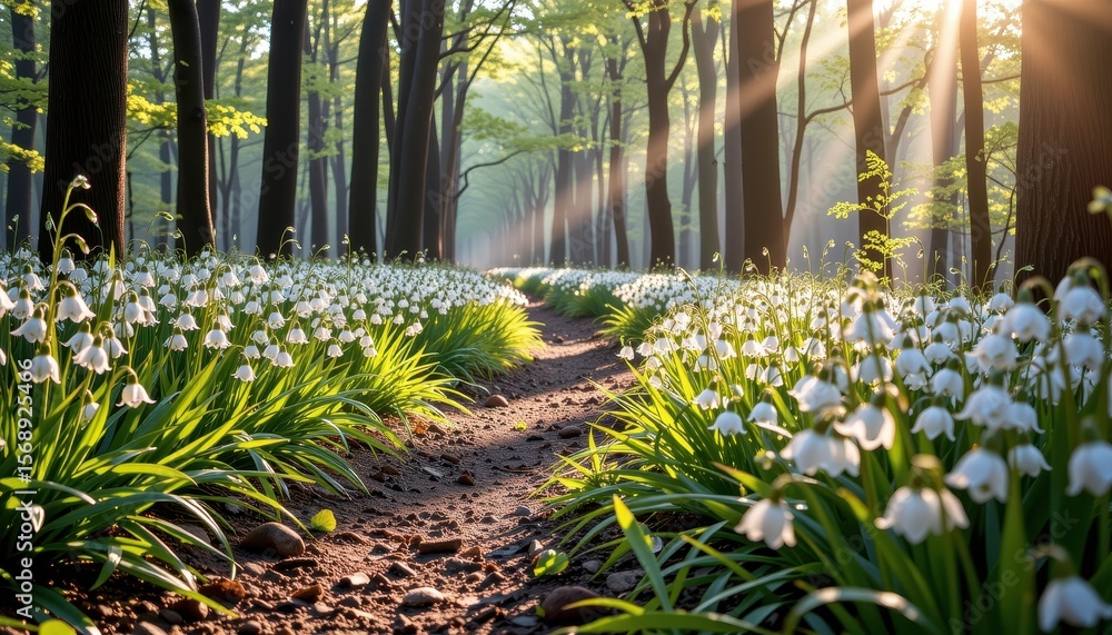 Poster serene pathway through blooming flowering plants in a tranquil forest setting