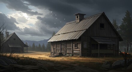 Obraz premium Rustic Wooden Cabin in a Dark and Stormy Landscape