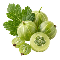 Fresh green gooseberries with leaf isolated on transparent background