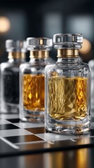 Three clear glass bottles with gold accents containing amber liquid arranged on a checkerboard surface