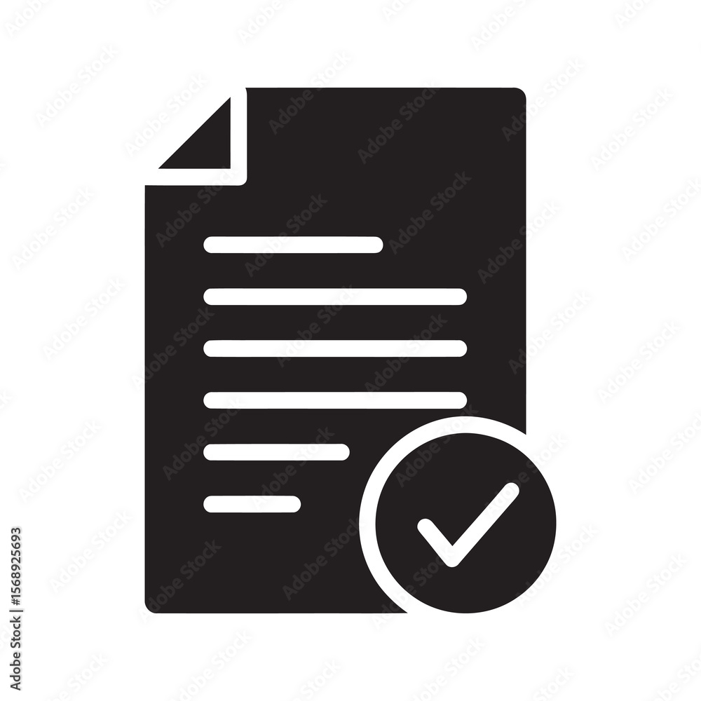 Poster approved document solid glyph icon representing a completed task and verified report for successful 