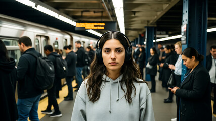 Woman in blank hoodie waiting on subway for apparel branding mockup