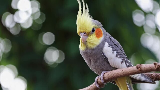 A cockatiel parrot with vibrant colors and a charming crest sits on a branch, surrounded by soft green foliage, enjoying a calm and peaceful moment in the garden