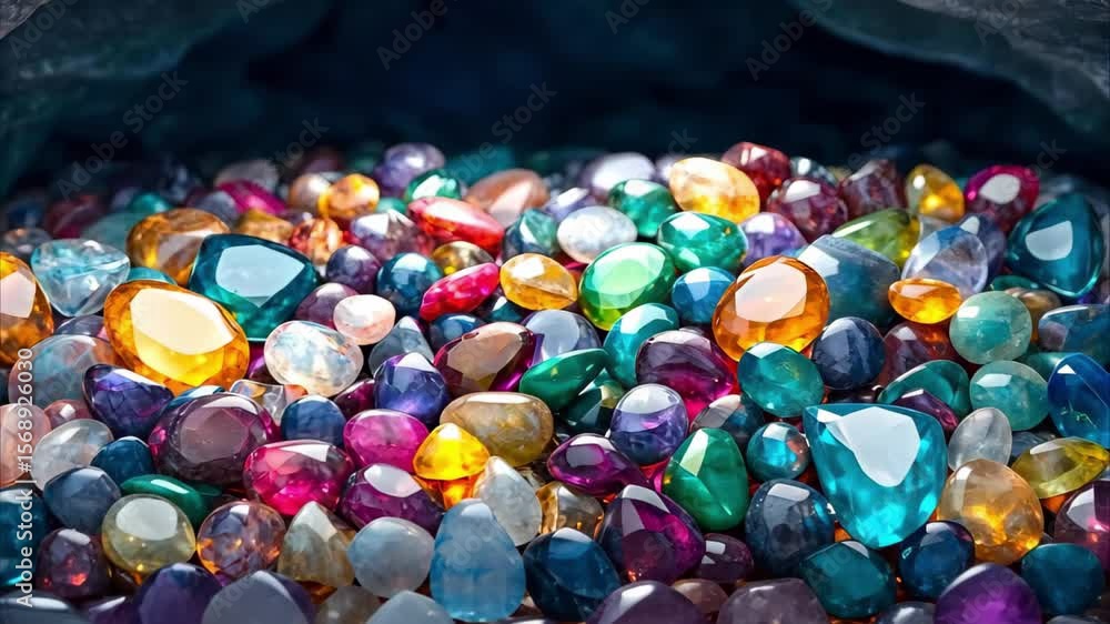 Poster a colorful array of various gemstones and crystals, sparkling under light inside a cave-like setting