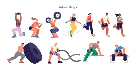 An illustration depicting various people engaging in diverse physical activities and exercises, symbolizing a healthy and active wellness lifestyle.