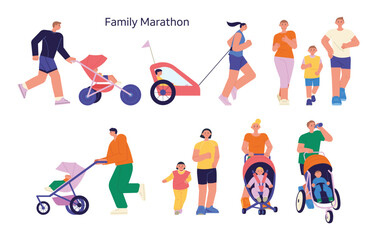 Fototapeta premium An illustration depicting families participating in a marathon or race, with parents running alongside children in strollers and bike trailers, promoting a healthy and active family lifestyle.