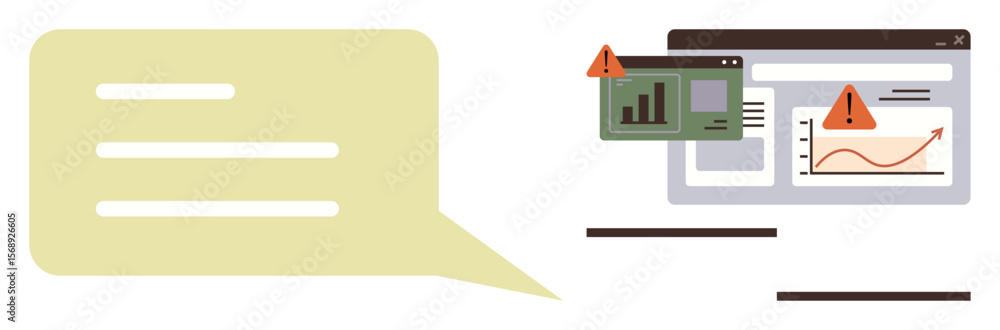 Poster data alerts with warning signs on screen and a speech bubble suggesting troubleshooting steps. ideal