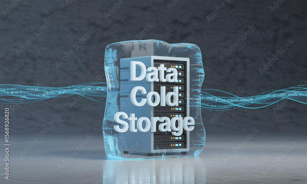 Poster data server frozen in ice, representing cold storage, with digital lines in the background for techn