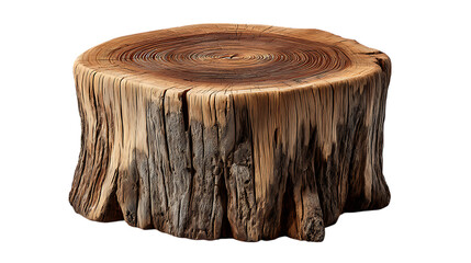 Weathered wooden tree stump with visible growth rings and textured bark isolated on transparent background