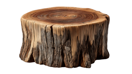 Weathered wooden tree stump with visible growth rings and textured bark isolated on transparent background