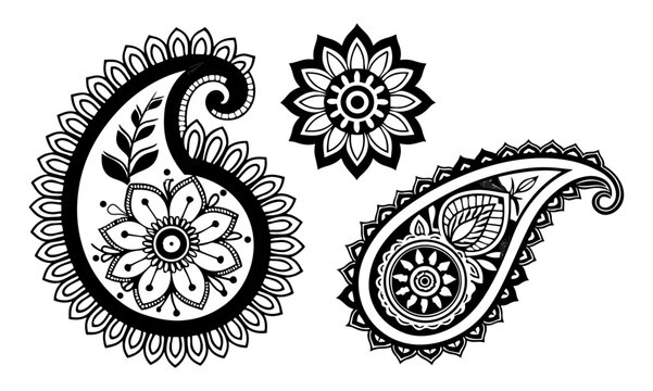 Black and white floral henna design with paisley and circular flower simple style white background