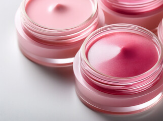 Glossy lip gloss and liquid lipstick tubes arranged on a clean white background with soft shadows and minimal styling. Modern cosmetic packaging in vibrant red and pink tones.