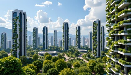 Obraz premium Innovative Green Urban Landscape with Modern Skyscrapers and Vibrant Nature Surroundings