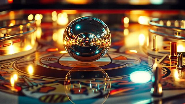 Shiny pinball ball on a colorful table