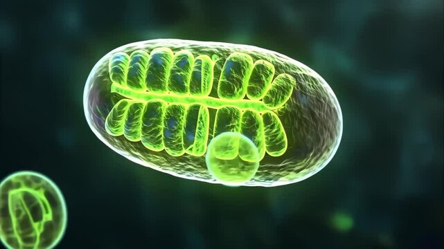 A microscopic view of a mitochondrion, showcasing its structure and inner membranes, important for cellular energy production.