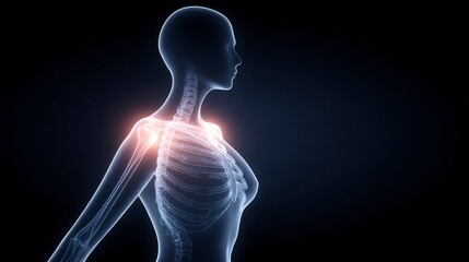 3D rendering of a human skeleton with glowing shoulders against a dark background