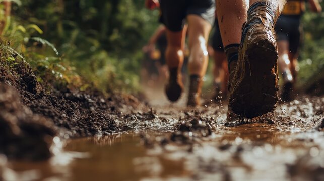 Close-up of runners' legs and shoes in mud, during trail race. Use for outdoor sports, fitness, and endurance campaigns.