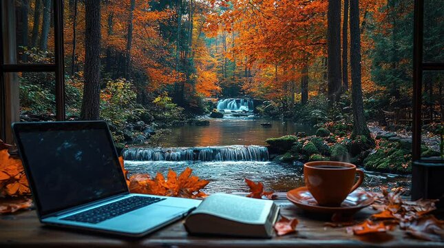 A serene autumn scene with a laptop, book, and coffee by a tranquil waterfall. Seamless looping 4k video background 