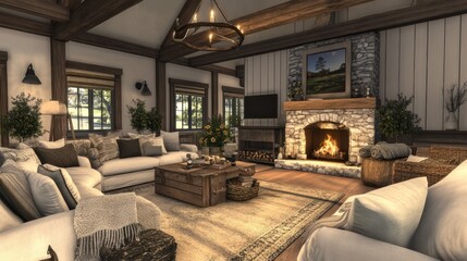 Rustic living room with fireplace and wooden beams