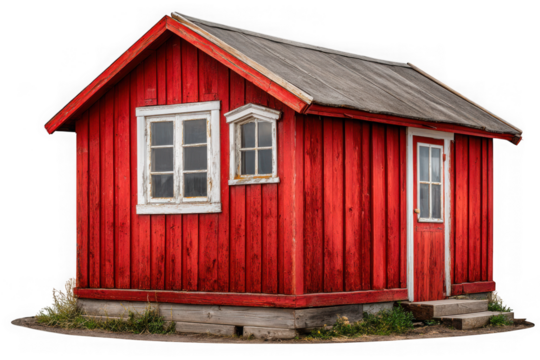Rustic red wooden cabin with white trim and weathered roof isolated on transparent background