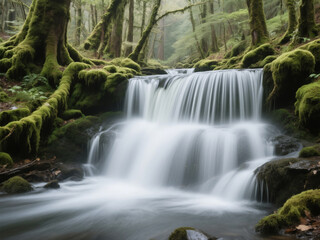 A captivating long exposure photograph of a waterfall cascading over moss-covered rocks in a lush green forest. The silky water effect and vibrant greenery create a peaceful and calming nature scene