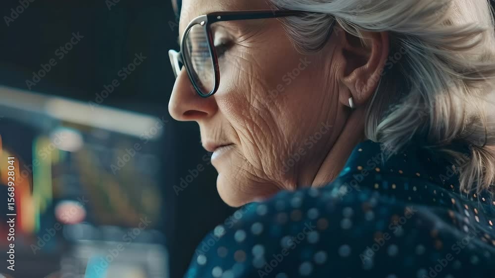 Poster elderly woman with glasses focused on computer screen analyzing financial data and colorful charts w