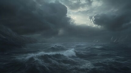 Stormy sea, dark clouds, looming cliffs