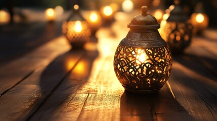 Ornate lanterns, warm light, wooden table