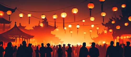 Night market silhouettes with lanterns