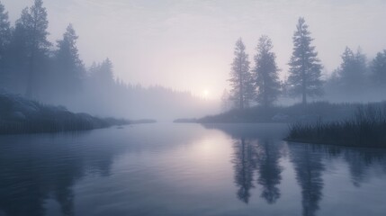 Misty lake scene at dawn