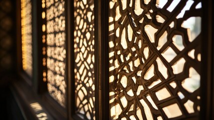 Ornate wooden window screens, intricate patterns