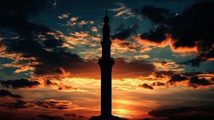 Silhouette of a mosque minaret at sunset
