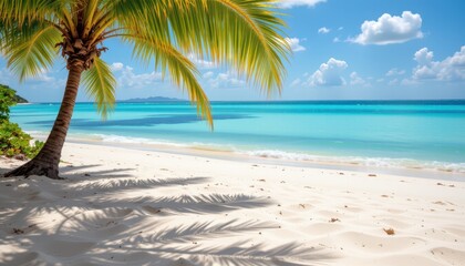 Serene Tropical Beach with Palm Tree and Clear Blue Water Under Sunny Skies