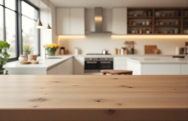 Walnut wood table with beige kitchen background, soft light interior scene for premium kitchen design mockup