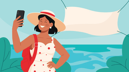 Woman in summer dress and with a tourist backpack on his back taking selfie at picturesque beach. Empty banner in background for custom text or logo. Perfect for travel ads, social media, summer promo