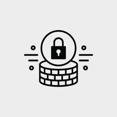 Black and white vector icon depicting a padlock symbol inside a circle resting atop a stack of coins with stylized motion lines suggesting speed or security representing financial security