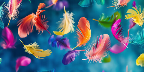 Colorful feathers floating on blue background
