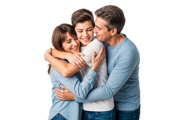 Happy family hugging and smiling together, expressing love and joy in a warm embrace on an isolated transparent background