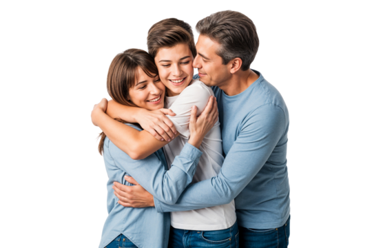 Happy family hugging and smiling together, expressing love and joy in a warm embrace on an isolated transparent background - Powered by Adobe
