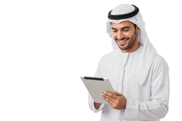 Successful Arab man in traditional attire holding tablet, representing digital business isolated on transparent background