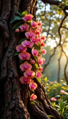 Pink Orchids Blooming on Textured Tree Bark in Soft Morning Light with Greenery Surrounding
