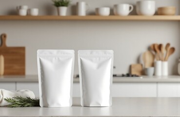 Two white pouches on concrete counter, Japandi kitchen style, soft ambient light mockup for minimal packaging visuals