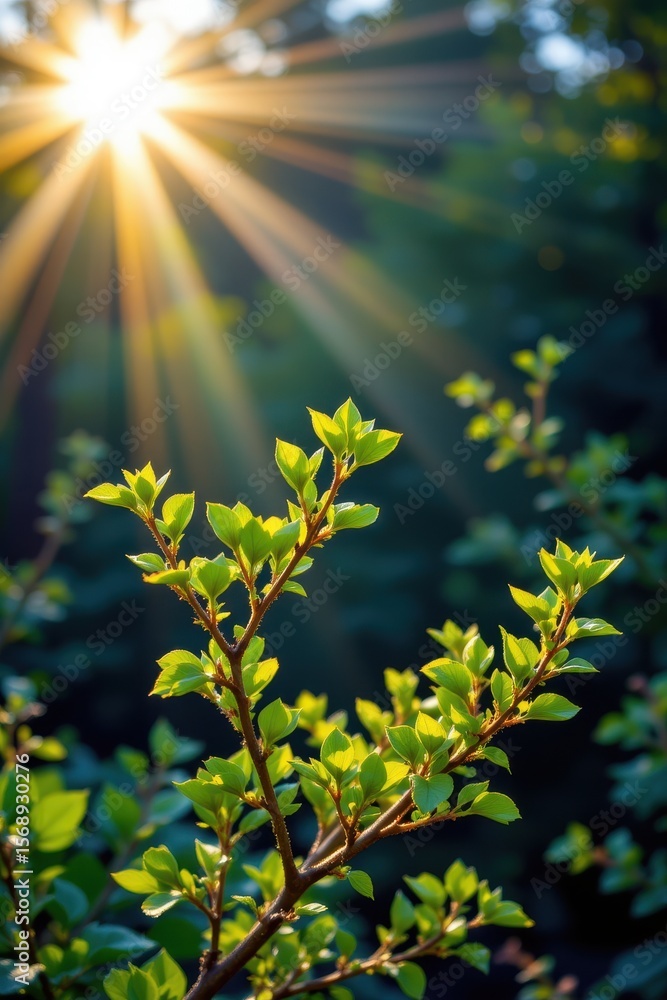 Poster sunlight shining through green leaves on branch in nature setting during daytime
