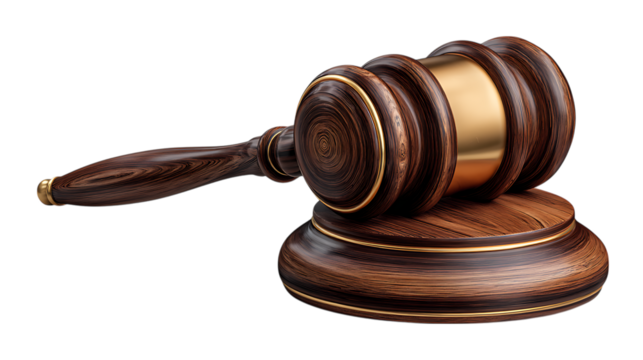 Elegant wooden gavel with golden accents resting on a matching sounding block isolated on transparent background - Powered by Adobe
