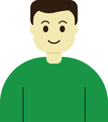 Face of a smiling man in green shirt. Two-dimensional character. Avatar of a friendly young male. Portrait. Vector flat illustration.