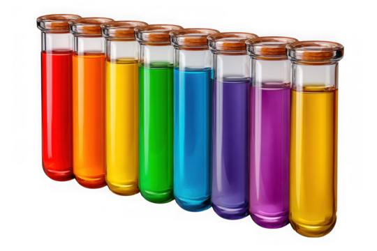 Row of test tubes filled with rainbow colored liquids isolated on transparent background