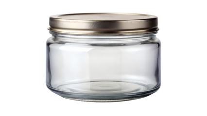 An empty clear glass jar with a gold metal lid, isolated on transparent background