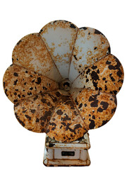 A vintage, heavily rusted gramophone horn with a flared, petal-like shape mounted on a matching...